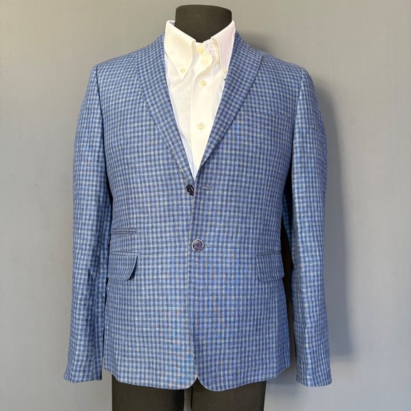Tallia Linen Gingham Blazer | Size 36-38R | Blue Check Gold‎ Button Sport Coat - Picture 2 of 9